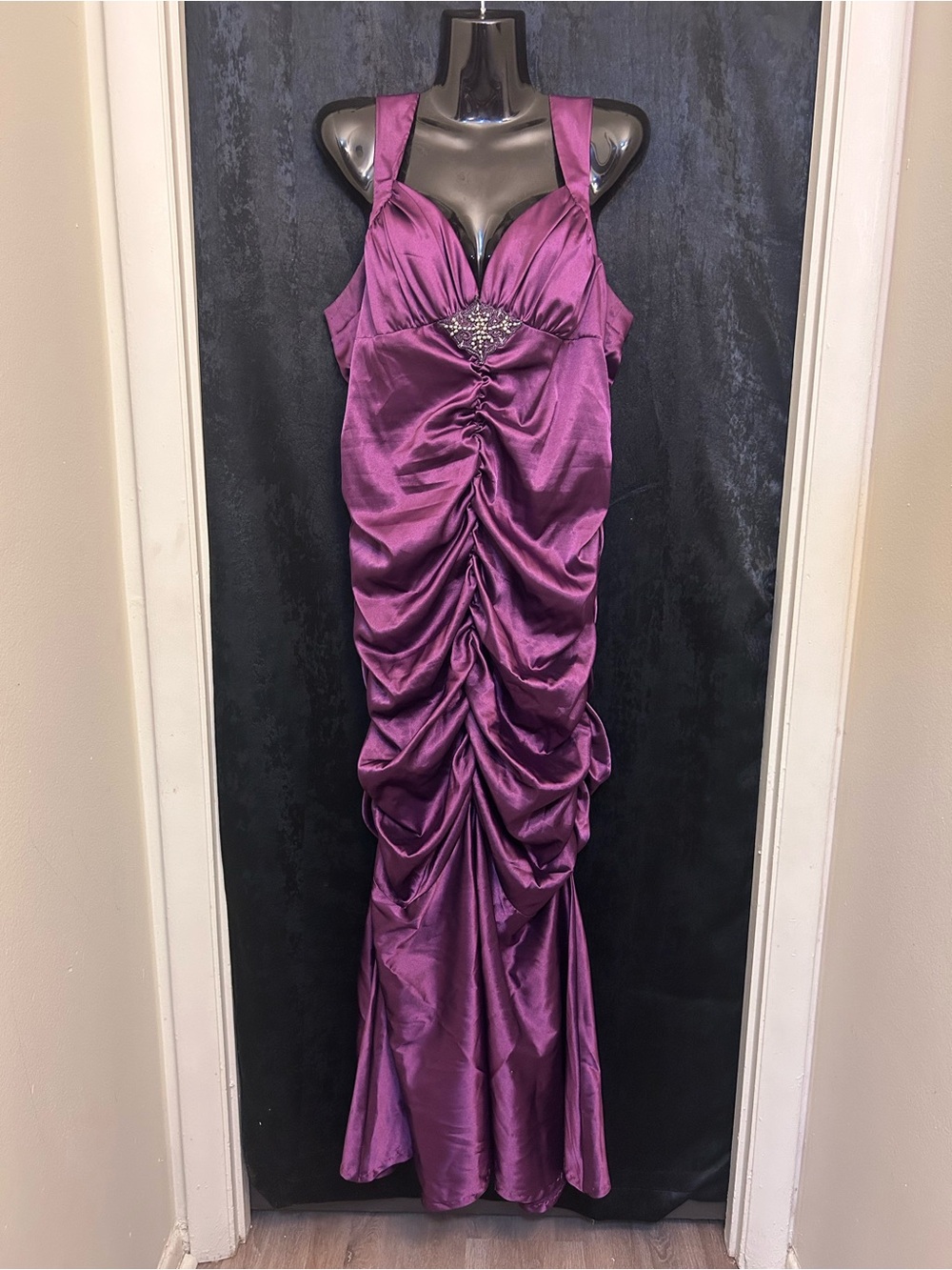 Fiesta Plum Satin Ruched Prom Dress with Jeweled Bodice